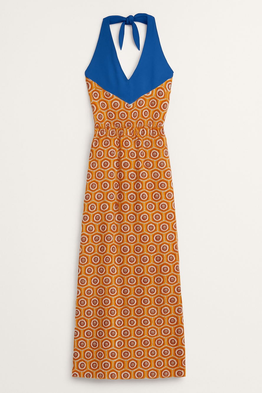 Mud Pie Leighton Blue Halter Maxi Dress with Orange Geometric Pattern NWT